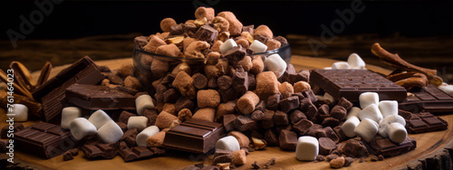 Still life of a wooden table covered in chocolate and marshmallows