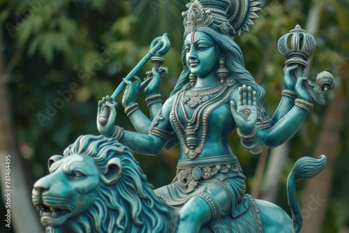 Deity Riding a Lion - Hindu Goddess Durga Statue photo