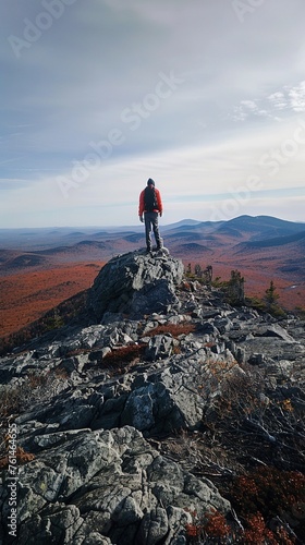 one hiker stands on summit of Borestone Mountain