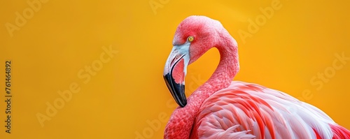Pink flamingo in yellow background photo