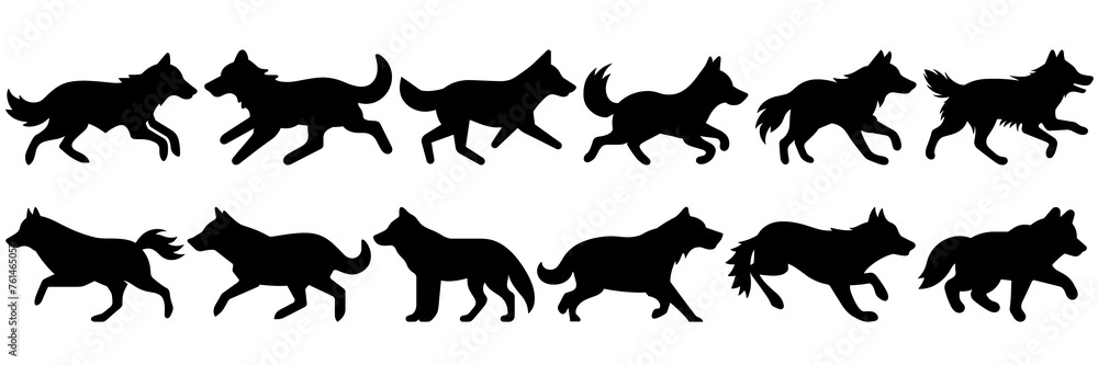 Wolf silhouettes set, large pack of vector silhouette design, isolated white background