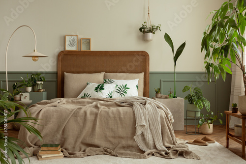 Warm and cozy bedroom interior with mock up poster frame, boho bed, beige bedding, green wall with stucco, books, brown slippers, plants in pots and personal accessories. Home decor. Template.