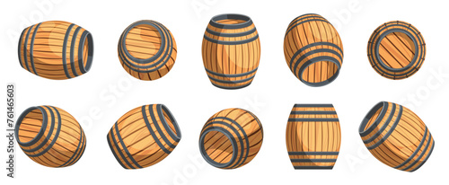 Cartoon wooden barrels. Stack of old oak kegs and casks with rum, whisky, wine and beer, traditional brewery and pub equipment. Vector flat set