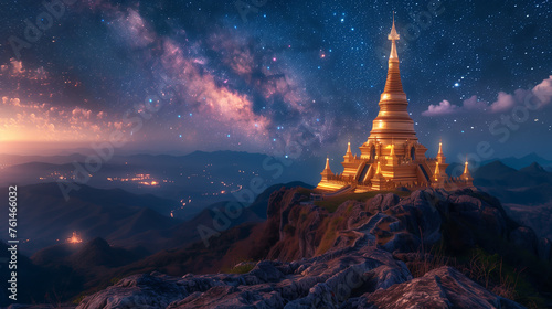 Temple pagoda at the top of stone moutain, gold pagoda in the night time with the night sky and milky way