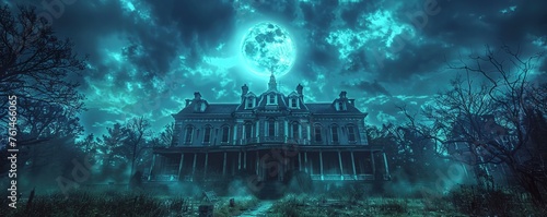 Spooky Haunted House with a Full Moon Sky. Eerie Halloween Background with a Derelict Mansion.
