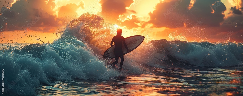 Surfer practicing surfing on wavy sea with splashing water - obrazy, fototapety, plakaty 