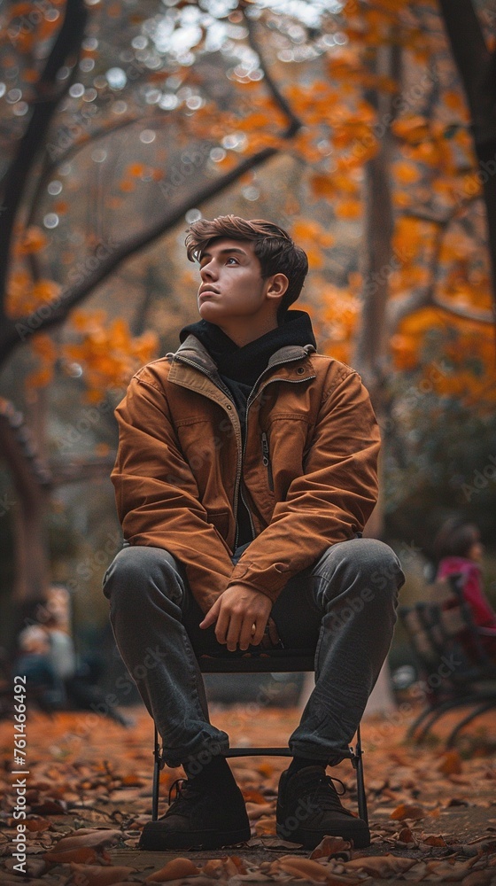 Thoughtful young man sitting on chair in park Thoughtful young man sitting on chair in park