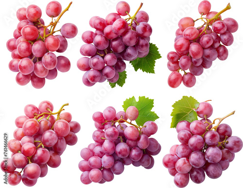 Bunches of pink grapes with green leaves on a transparent background