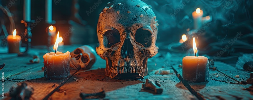 vivid decorated human skull with burning candles on wooden table in dark room during Halloween celebration at night - obrazy, fototapety, plakaty 