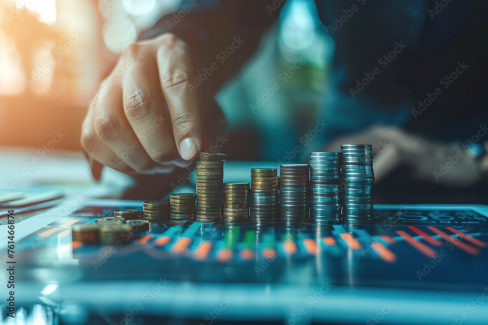 close up horizontal image of a male hands stacking coins in a concept of financial investment Generative AI close up horizontal image of a male hands stacking coins in a concept of financial investment Generative AI