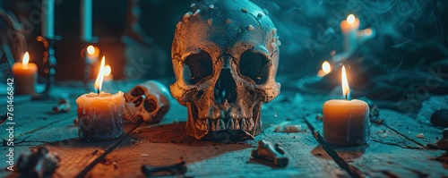 vivid decorated human skull with burning candles on wooden table in dark room during Halloween celebration at night #761466842