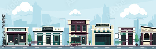 Shopping street. Cartoon city street with stores and cafe, sidewalk with trees and benches, urban landscape with storefronts. Vector illustration