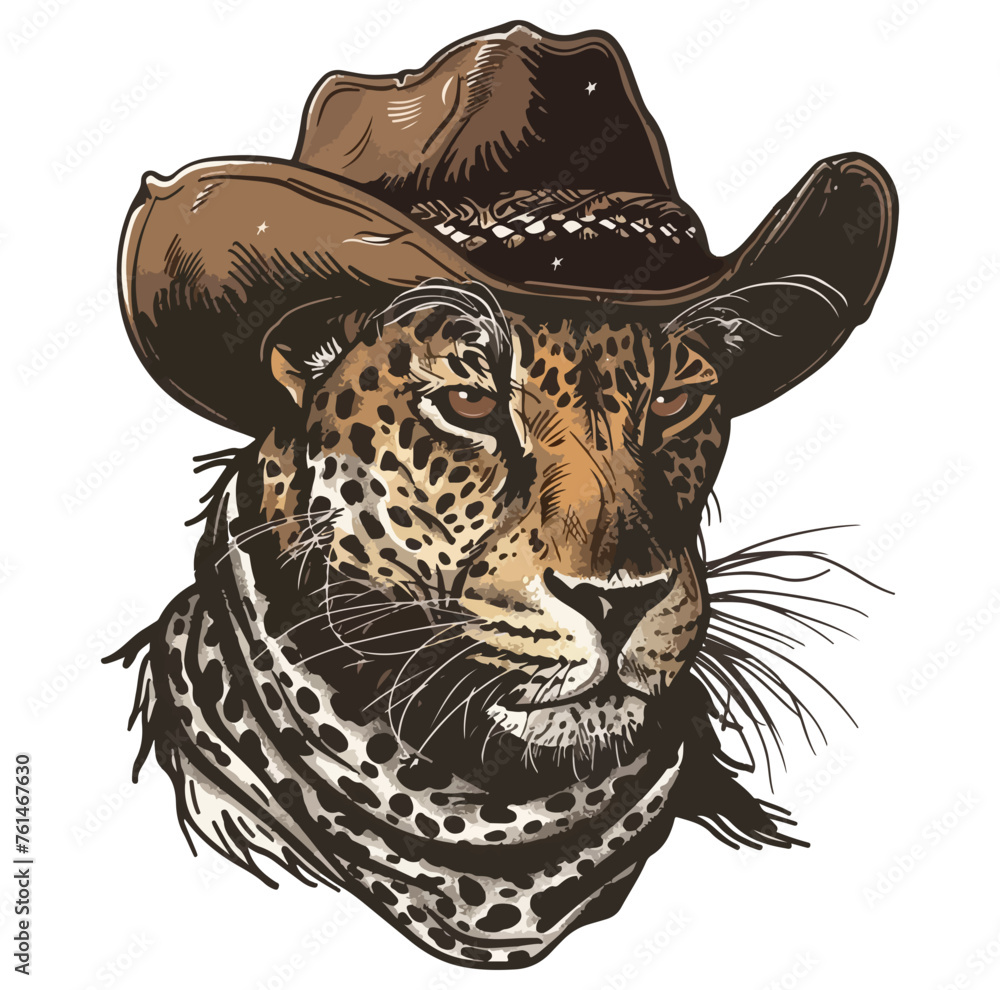 Leopard Head wearing wearing cowboy hat and bandana around neck Leopard Head wearing wearing cowboy hat and bandana around neck