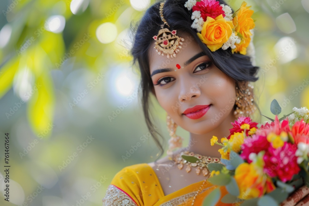 Elegant Indian Woman adorned with Traditional Jewelry and Flowers. Fictional character created by Generated AI. Elegant Indian Woman adorned with Traditional Jewelry and Flowers. Fictional character created by Generated AI.