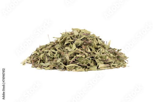 Bundle of dried thyme leaves on white background.