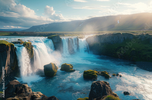 landscape photo of the waterfall Godafoss in Iceland with blue water and green hills © Kien