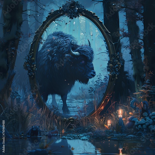 A magical mirror in a shadowy forest reveals a musk ox bathed in an ethereal glow.