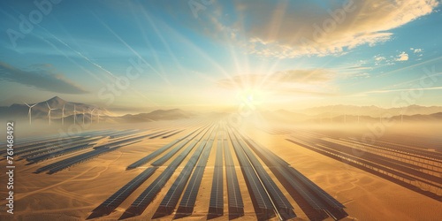 Desert Renewables - Solar Panels and Wind Turbines at Sunrise © paco
