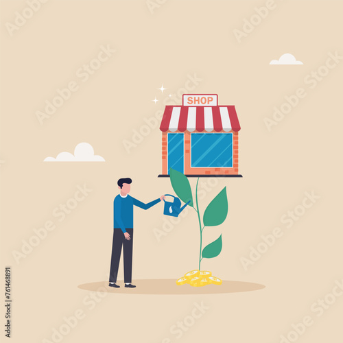 Concept of increasing store income, businessman pouring water to grow plant with big store flower. Grow your store and earn more profit. Small business development, marketing for promotion.
