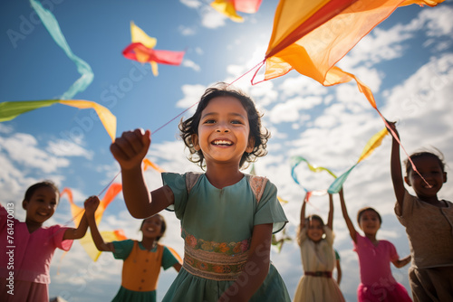 Kids flying kites in a park, smiling, laughing, playing. Spirit of unity. Beauty of diversity and the universal right of every child to happiness. Celebrating International Children's Day.