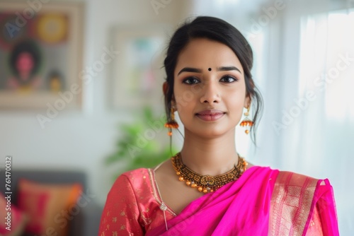 Beautiful young woman wearing traditional Indian clothing with a bindi and gold jewelry. Fictional character created by Generated AI.  photo
