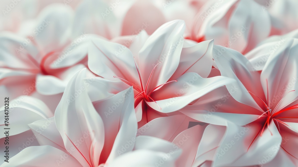 This image showcases a 3D render of abstract floral shapes with a soft red and white color scheme, emphasizing a delicate and modern artistic style
