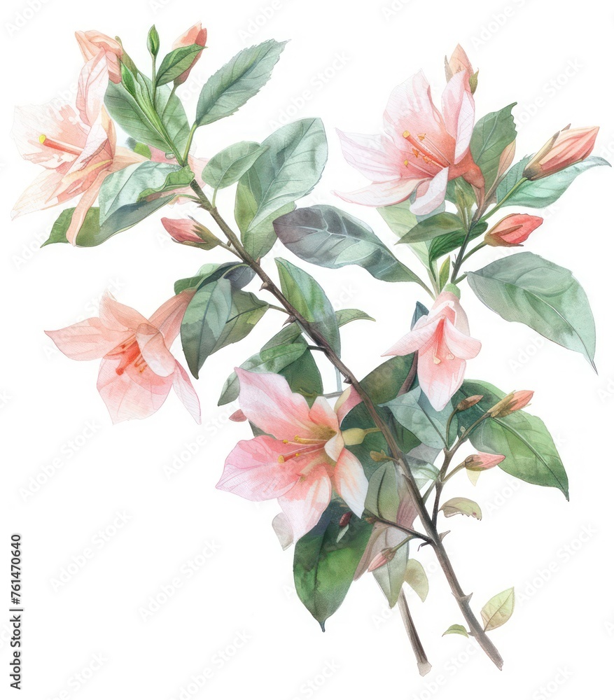 A beautiful and soft watercolor painting featuring pink blooming flowers with green leaves and stems against a clean background A beautiful and soft watercolor painting featuring pink blooming flowers with green leaves and stems against a clean background