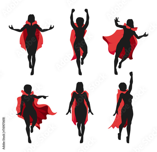 Female superhero in red cloak. Cartoon strong woman in flying superhero costume, comic book female character in flying cape. Vector superheroine silhouette set