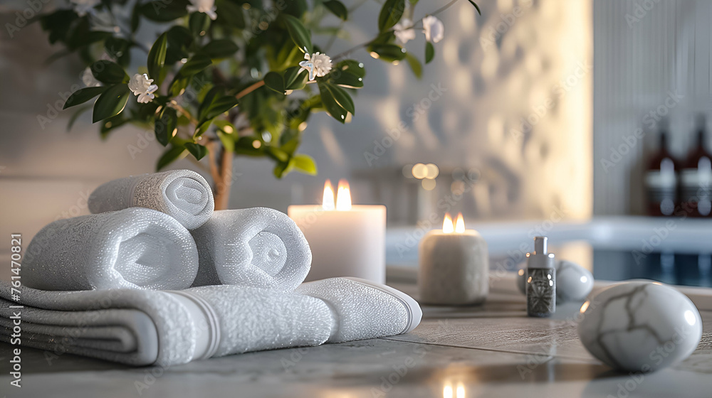 Fresh white towels and lit candles set a relaxing mood in a spa bathroom.
