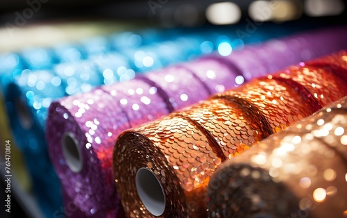 close up of  sequin textile rolls. Blue, purple, orange sequined . Shimmering fancy sparklets decor. photo