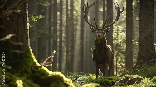A majestic stag, stands calmly and regally in the mystical Black Forest. 