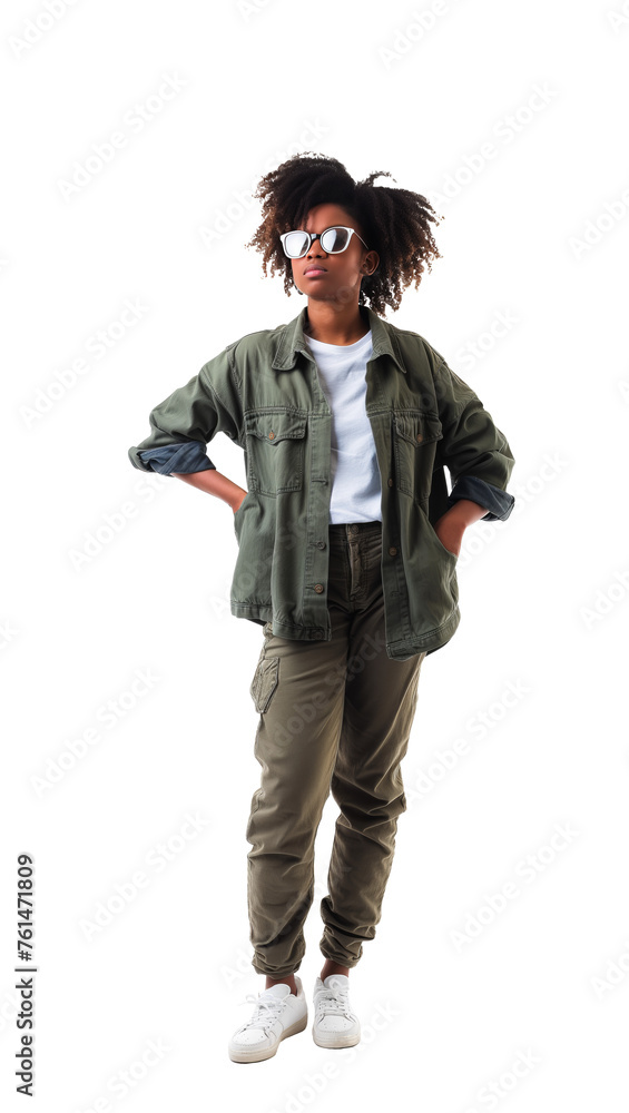 Young adult african american woman in sunglasses isolated on transparent white background. Full body Young adult african american woman in sunglasses isolated on transparent white background. Full body