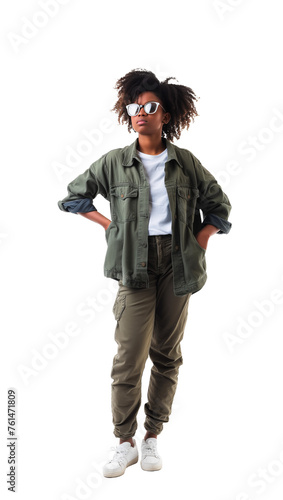 Young adult african american woman in sunglasses isolated on transparent white background. Full body