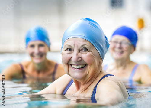 Mujer mayor haciendo aquagym. Persona mayor haciendo gimnasia. Mujer en una piscina con gorro de baño. Concepto vida sana y ejercicio. photo