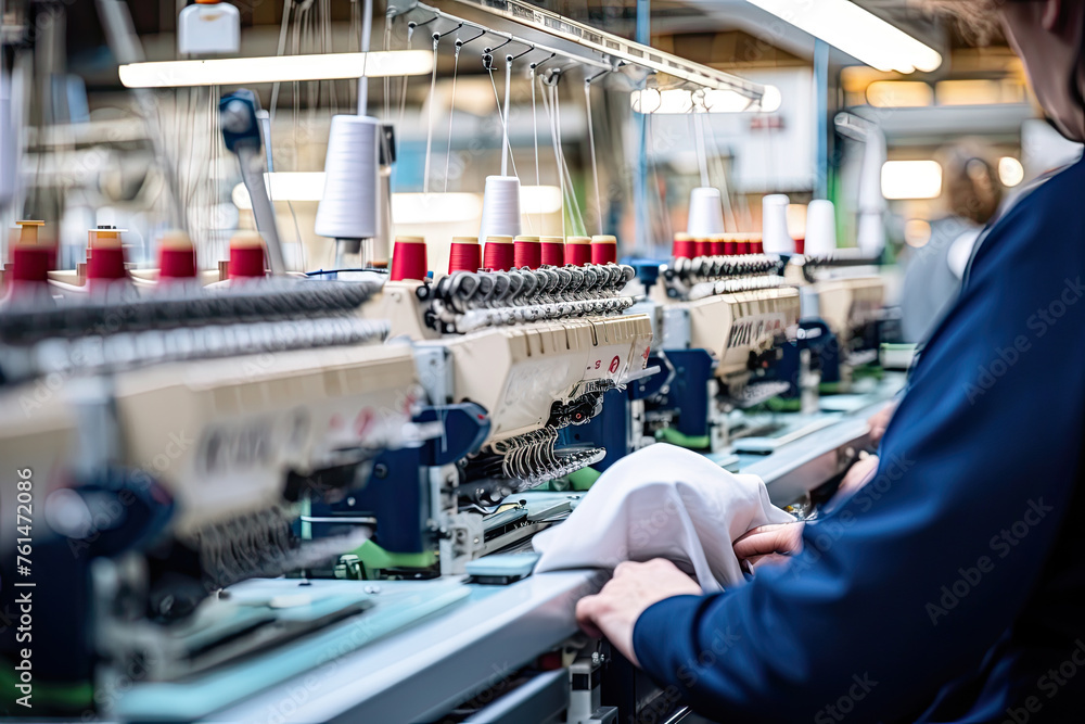 Vibrant scene: State-of-the-art textile factory blends tech and craftsmanship, weaving intricate patterns with modern machinery and skilled hands