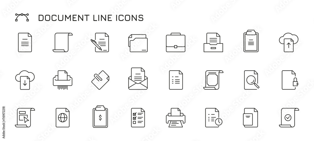 Document line icons. Thin paper and envelope with stamp, legal agreement and contract, paper with signature and seal. Vector isolated set