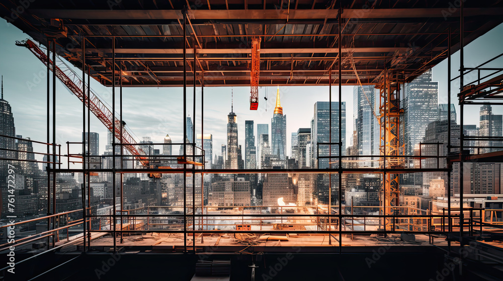 Amidst steel cranes and scaffold, glass panels soar, epitomizing urban evolution in a modern skyscraper's construction marvel