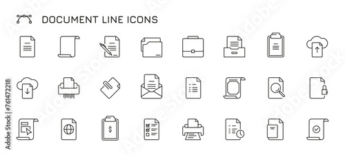 Document line icons. Thin paper and envelope with stamp, legal agreement and contract, paper with signature and seal. Vector isolated set