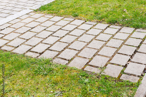 path lined with garden stones green lawn
