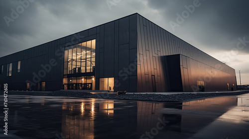 Modern concept factory: sleek architecture meets turbulent skies, a captivating contrast of clean lines against dramatic clouds