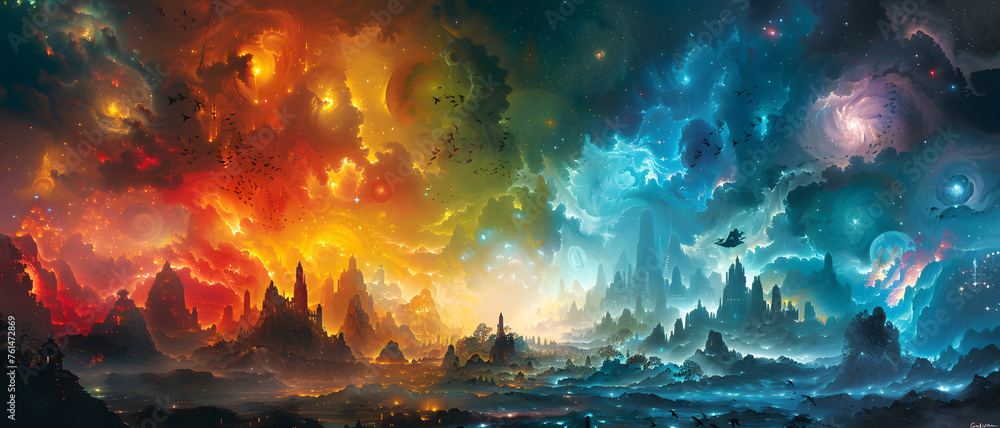 An imaginative view of an alien world, glowing with life and color under a star-filled sky An imaginative view of an alien world, glowing with life and color under a star-filled sky