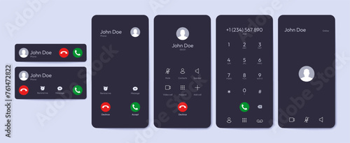 Incoming call UI elements. Smartphone overlay with accept decline call buttons, mobile phone screen with text message and call icons. Vector flat set