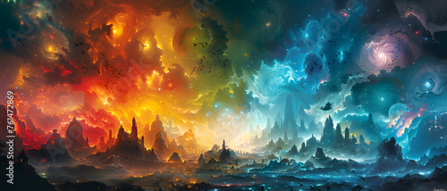 An imaginative view of an alien world  glowing with life and color under a star-filled sky