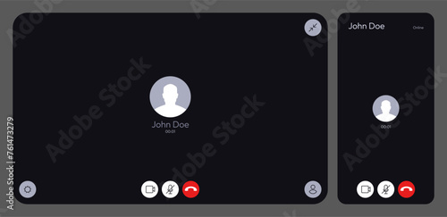 Video call UI. Online meeting chat conversation interface, web conference app with video call and voice call. Vector mockup template