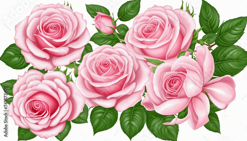Set of delicate pink roses, bows and leaves isolated on white background