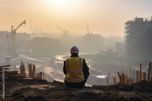 In the hush of dawn, amidst misty air, a lone worker reflects amidst progress, a serene tableau at the construction site