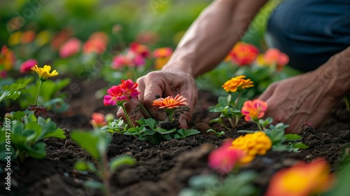 Man's hands taking care of flowers growing in flowerbeds
