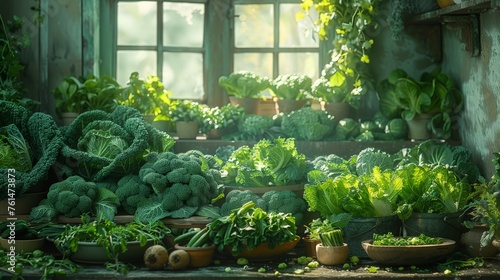 Variety of green vegetables in pots on a rustic wooden table photo