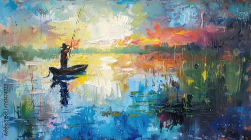 An expressive and vibrant abstract painting capturing a solitary fisherman amidst a sunset over a serene lake, reflecting rich, bold hues