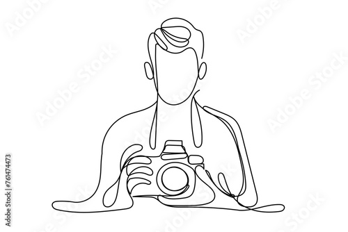 Line Art Photo Photographer Portrait. One Continuous Line Drawing. Abstract Photographer Illustration Isolated On White. Trendy Modern Professions Explore Theme. Photo Blogger Contour Drawing Line Art © Silkyinky